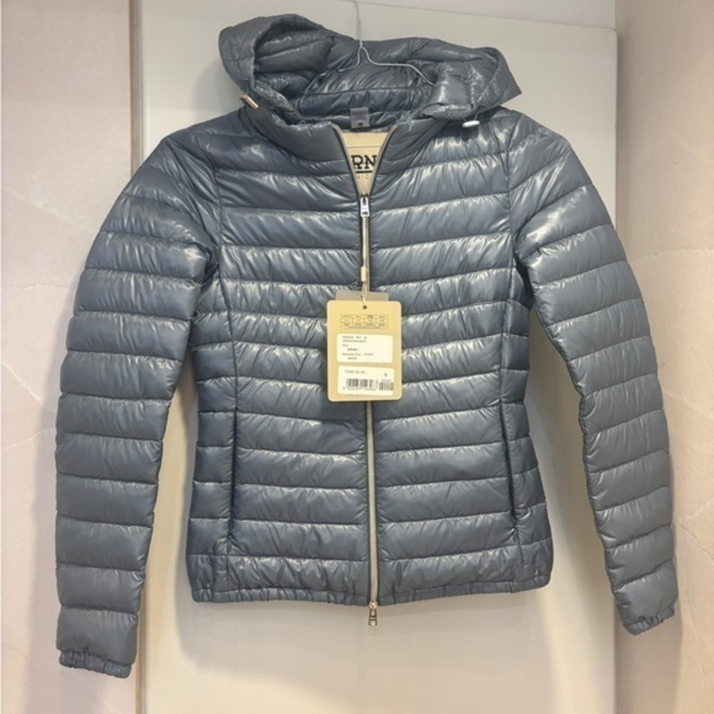 Herno Shiny Blue Puffer Thin Jacket Hooded Size 38